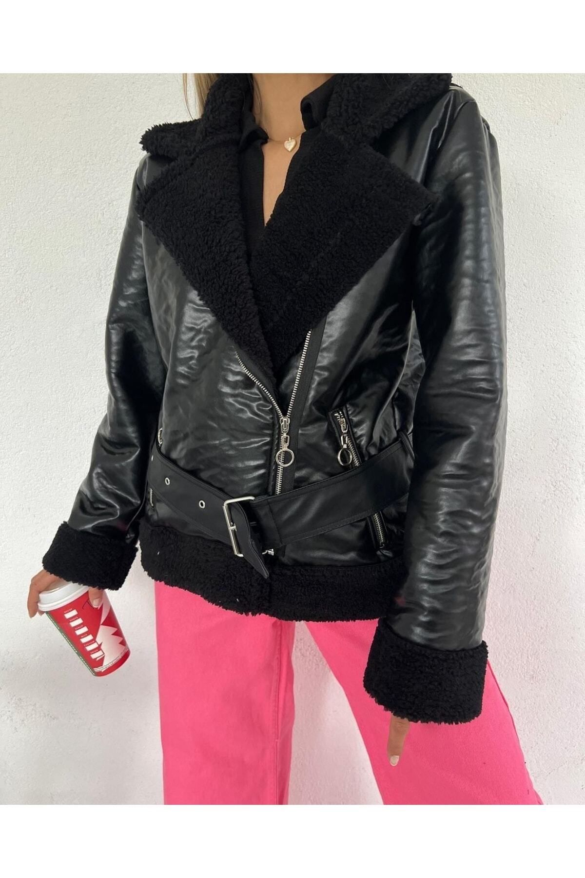 WoolnClyde Women s Black Fur Inside Black Fur Oversize Long Faux Leather Biker Jacket Coat Fur Coat