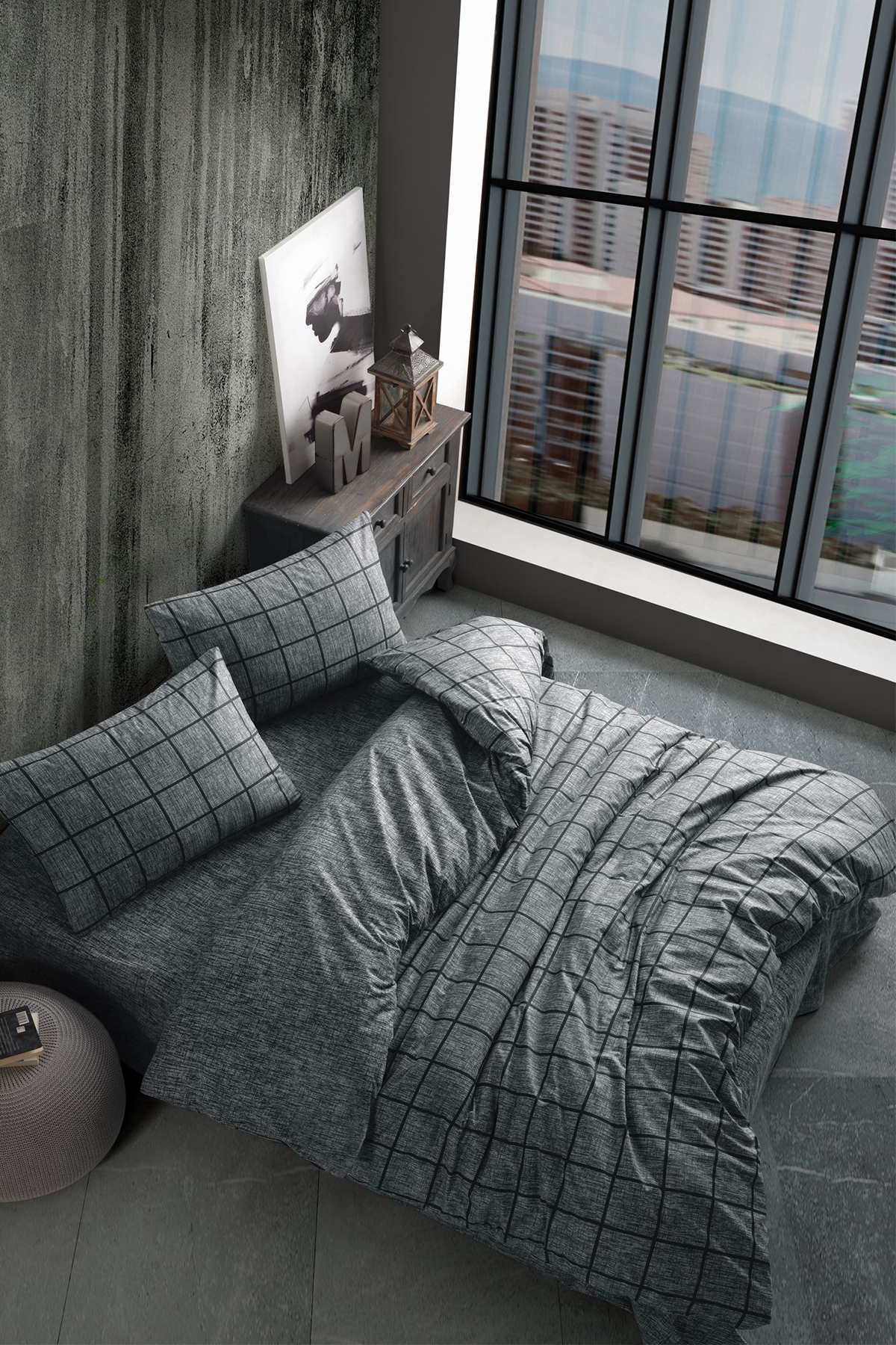 ست روتختی دو نفره با ملحفه کش دار مشکی مربعی