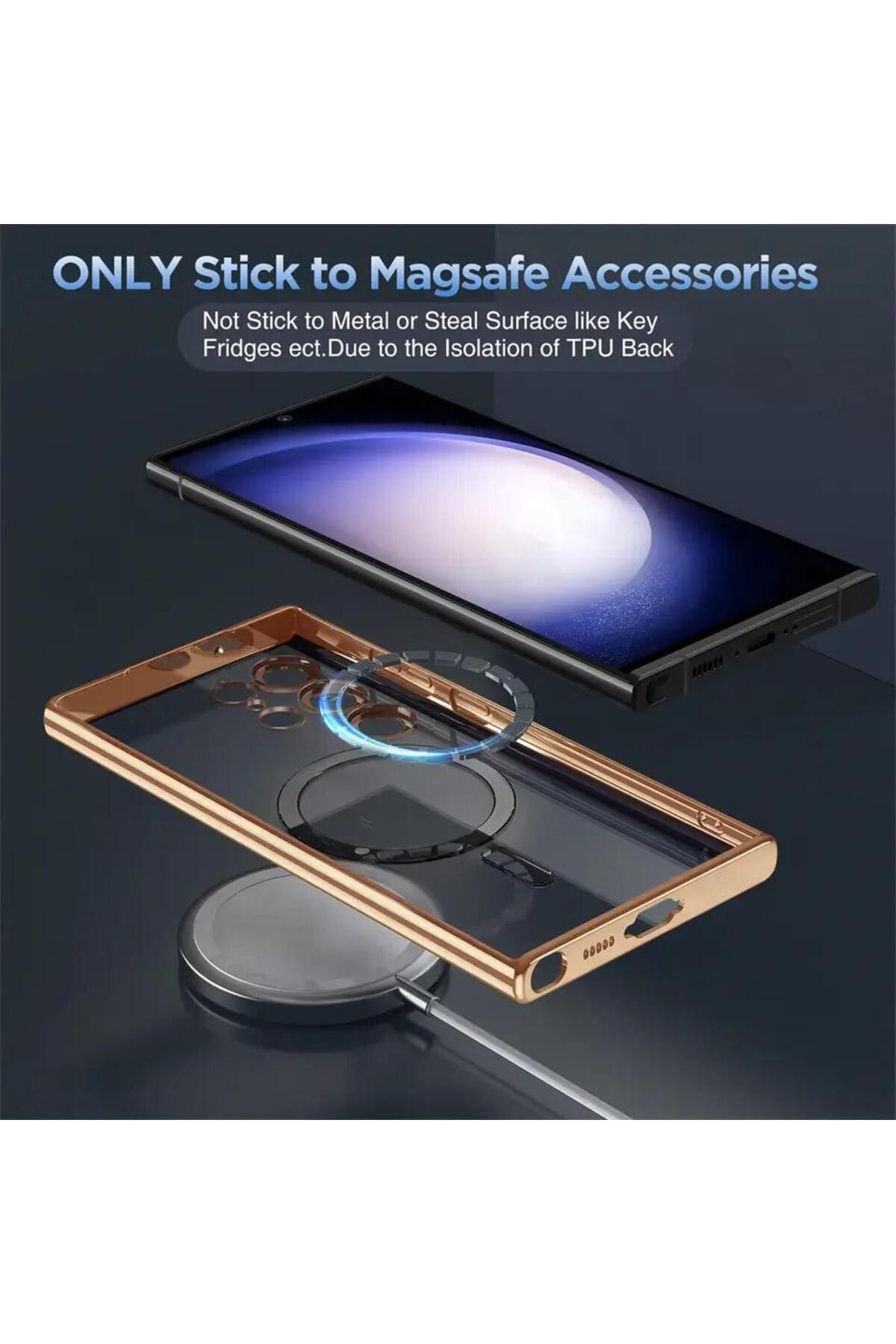 قاب محافظ Galaxy S24 Ultra با ویژگی شارژ Magsafe، محافظ لنز دوربین، پشت شفاف، لبه رنگی