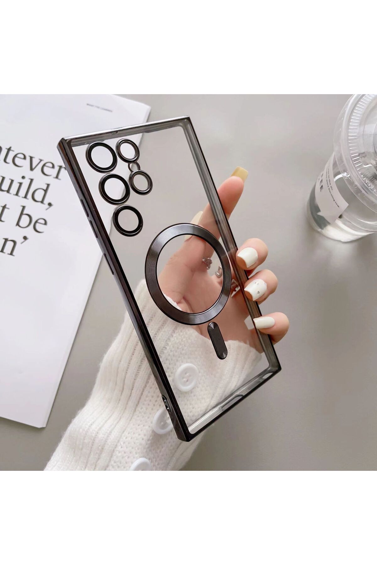 قاب محافظ Galaxy S24 Ultra با ویژگی شارژ Magsafe، محافظ لنز دوربین، پشت شفاف، لبه رنگی