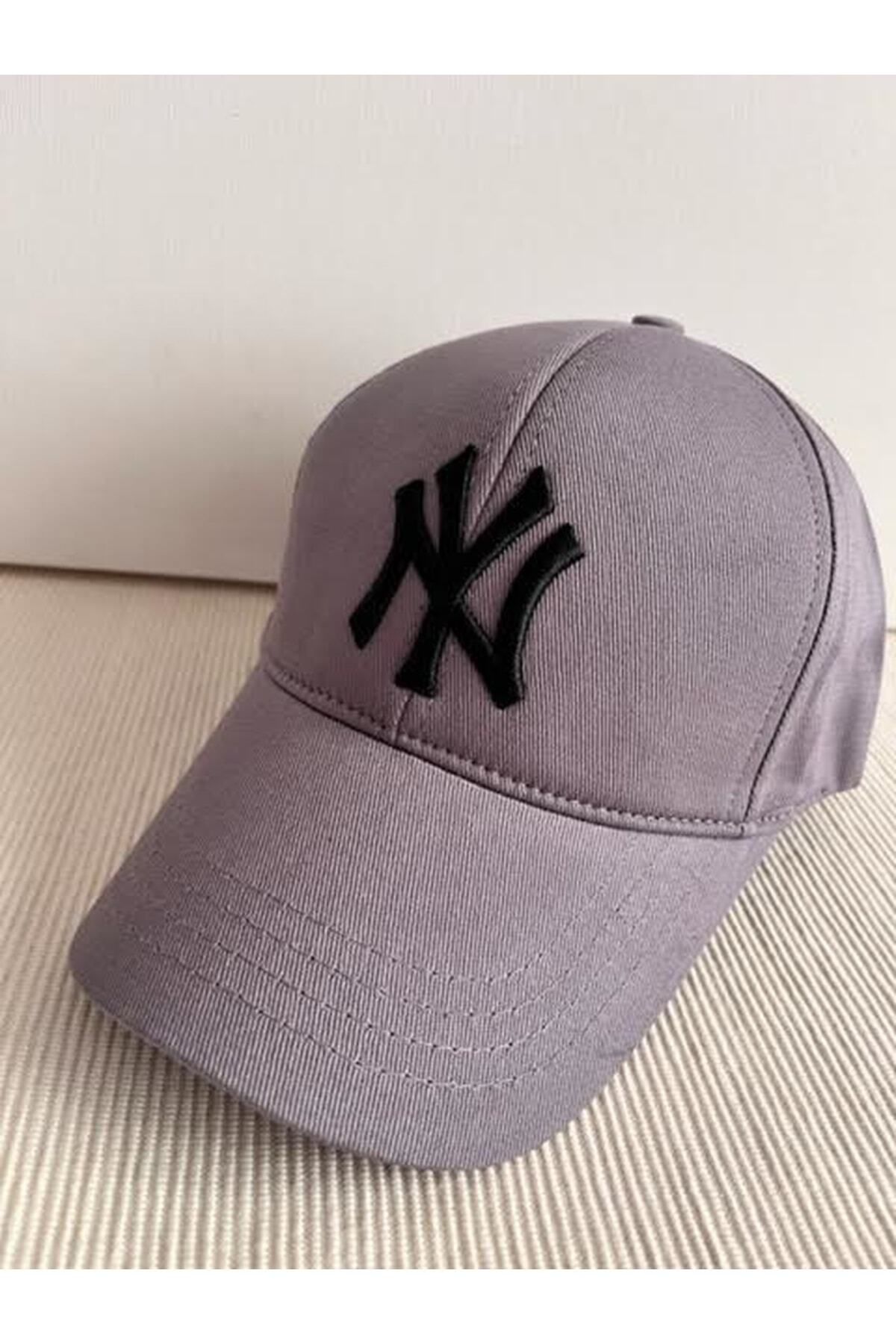 Ny New York Nakışlı Arkasından Ayarlanabilir Unisex Gri-siyah Pamuklu Beyzbol Şapka