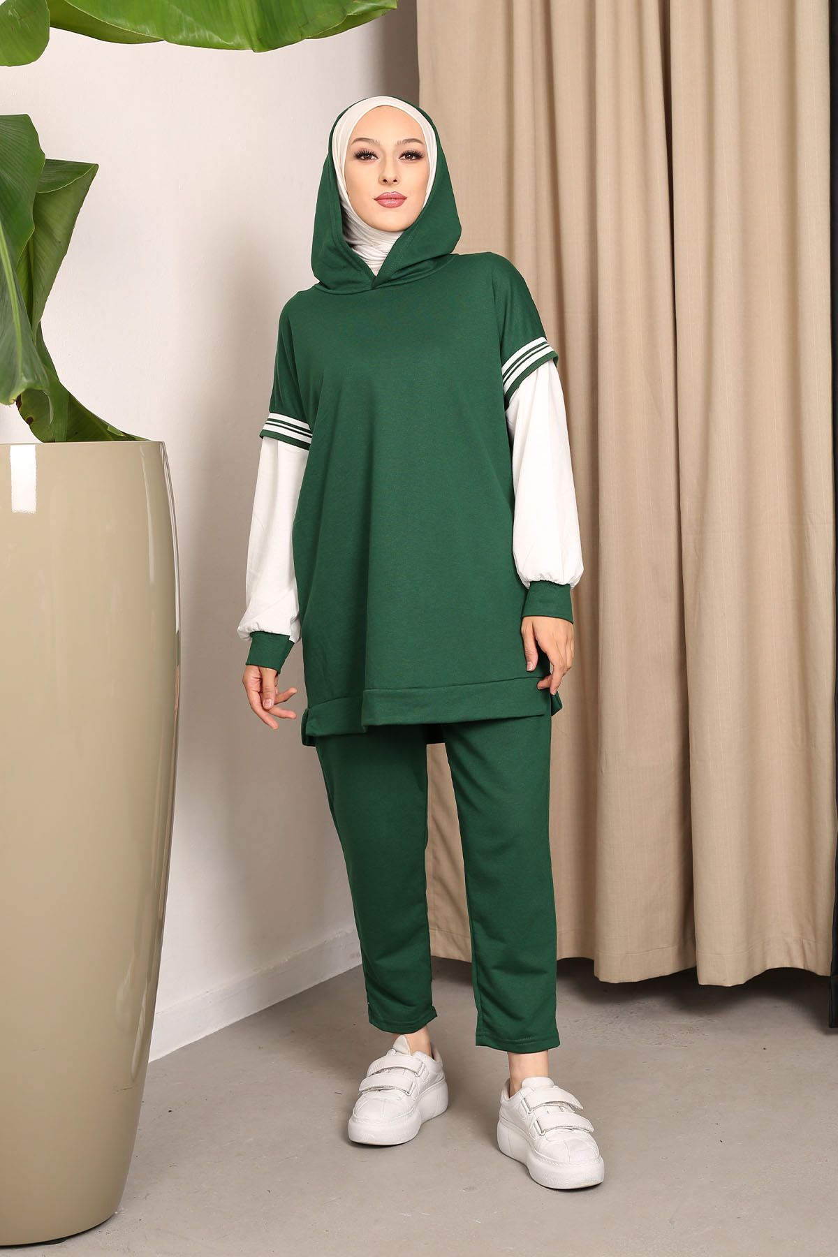 majButik Emerald Green Hooded Two Thread Tracksuit Set Trendyol
