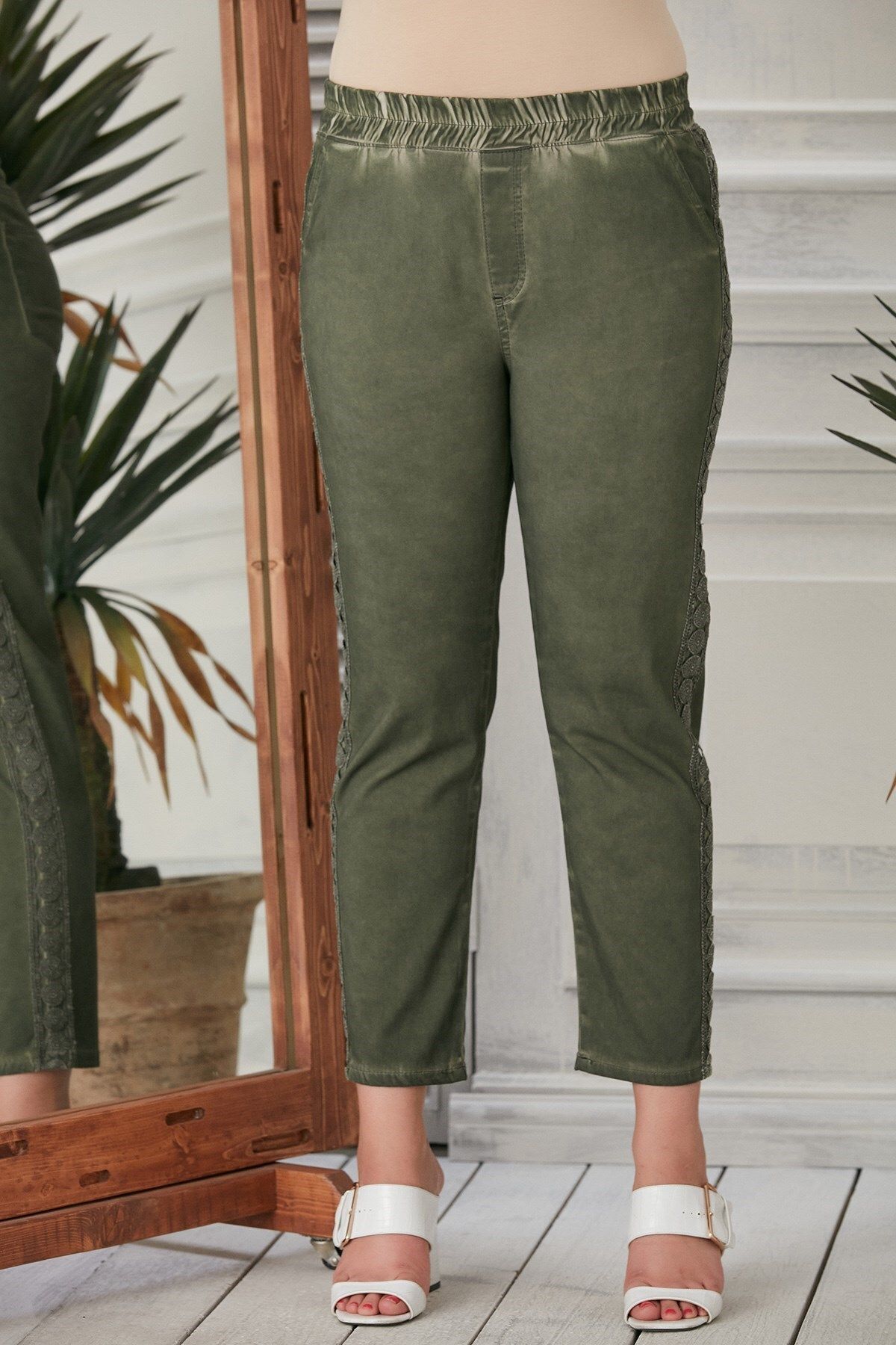 Rmg Plus Size Khaki Trousers with Stripe Lace Detail on the Sides