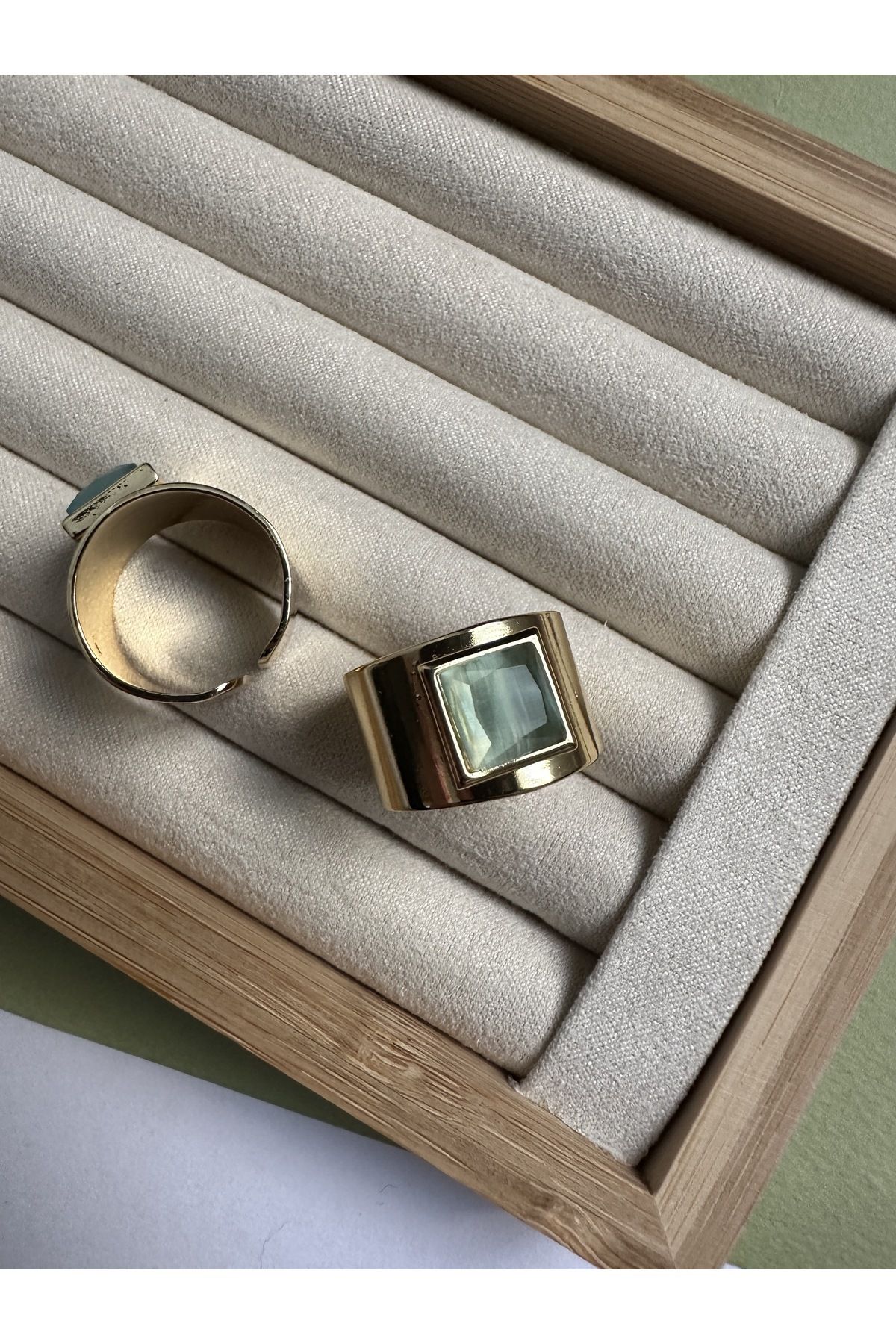 ringbox Thick Square Water Green Colored Stone Gold Ring Trendyol
