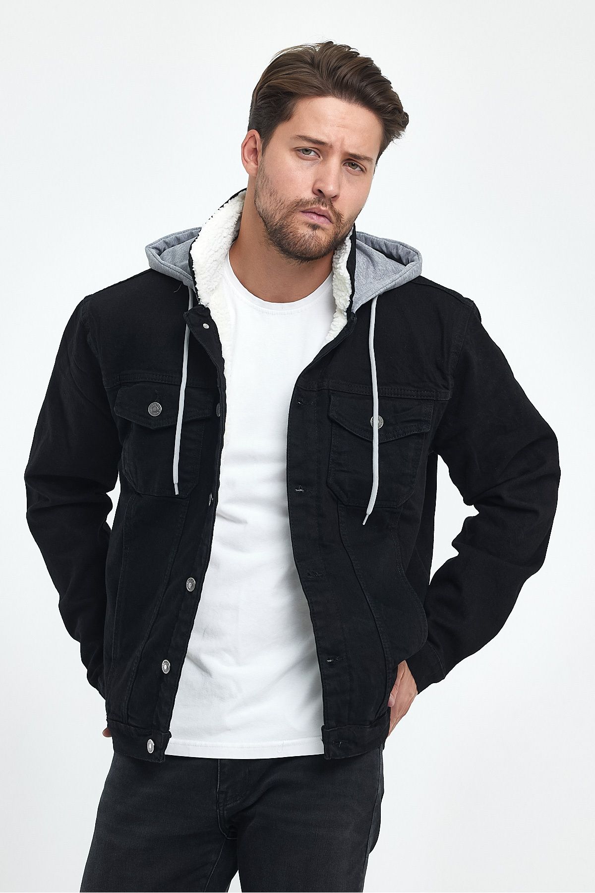Denim jacket with shop fur hood mens