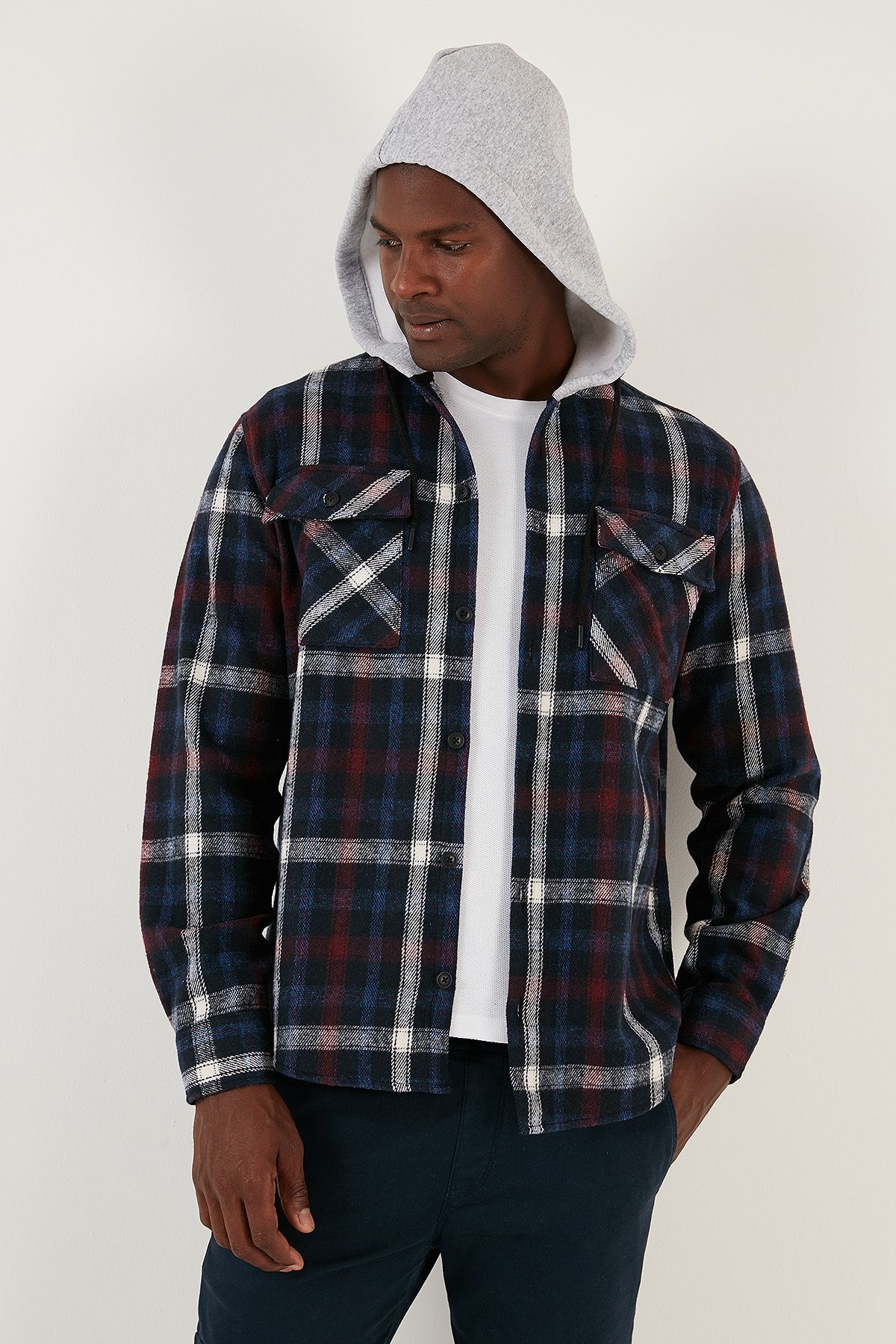Buratti Plaid Double Pocket Hooded Lumberjack Shirt Men s Shirt