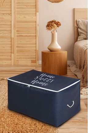 Lacivert Home Sweet Home Baskılı Orta Boy Baza Altı Kazak Pike Battaniye Hurcu 52x28x31 Image 0