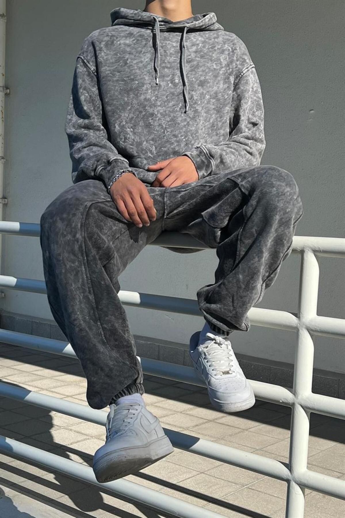 Flaw Wear Basic Hooded Anthracite Acid Wash Tracksuit Set Trendyol