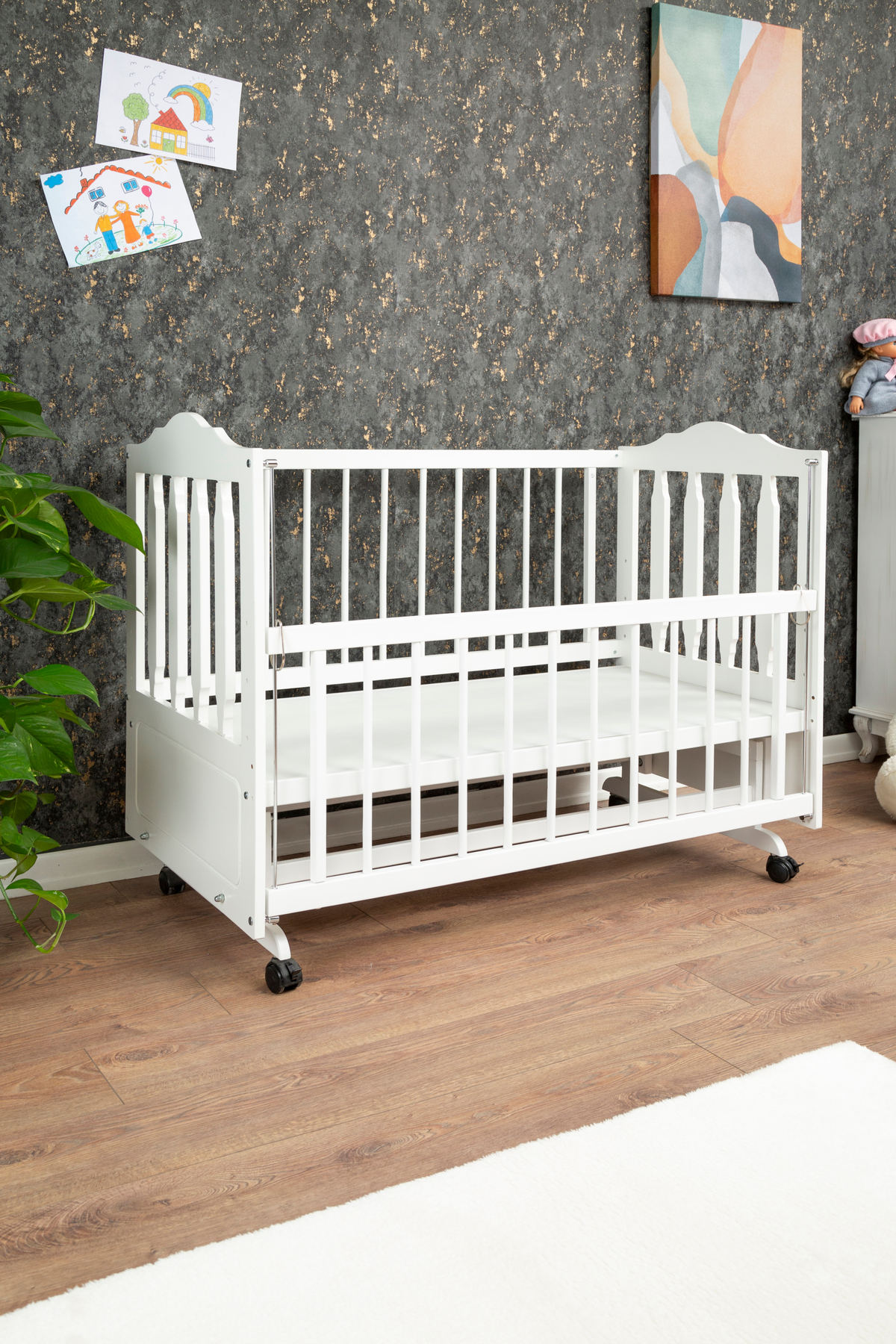 گهواره گهواره ای گهواره ای گهواره ای جلا داده شده لاکی 4 مرحله ای گهواره جانبی مادر MDF چوبی 60x120 با چرخ