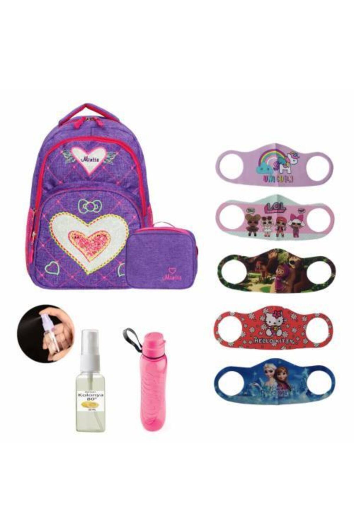 Mashotrend 3 Gözlü Ortopedik Okul Çantası - Kalpli Ilkokul Çantası + Beslenme + 5 Adet Maske + Suluk + Kolonya