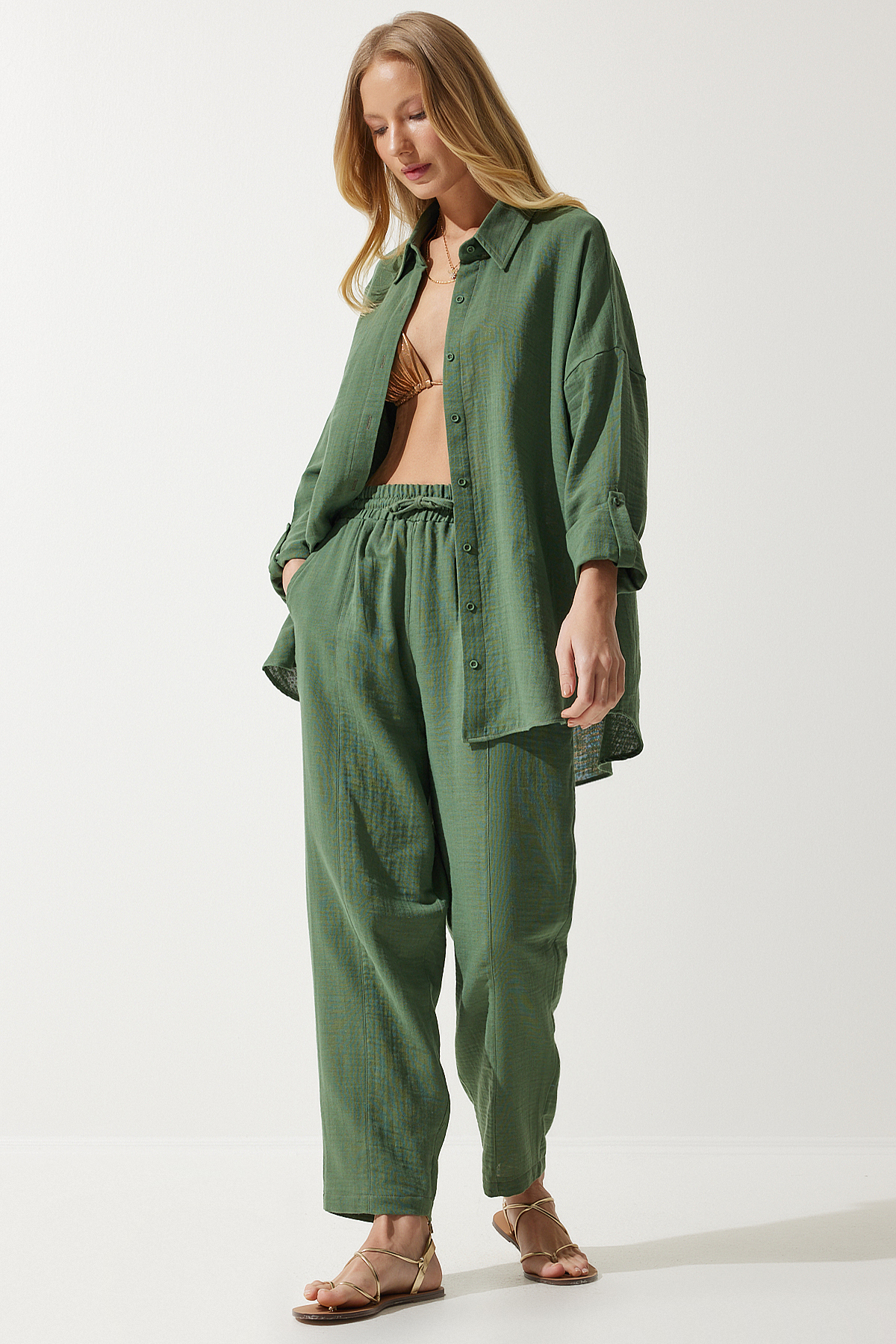 ست شلوار پیراهن موسلین زنانه خاکی اورسایز TO00128