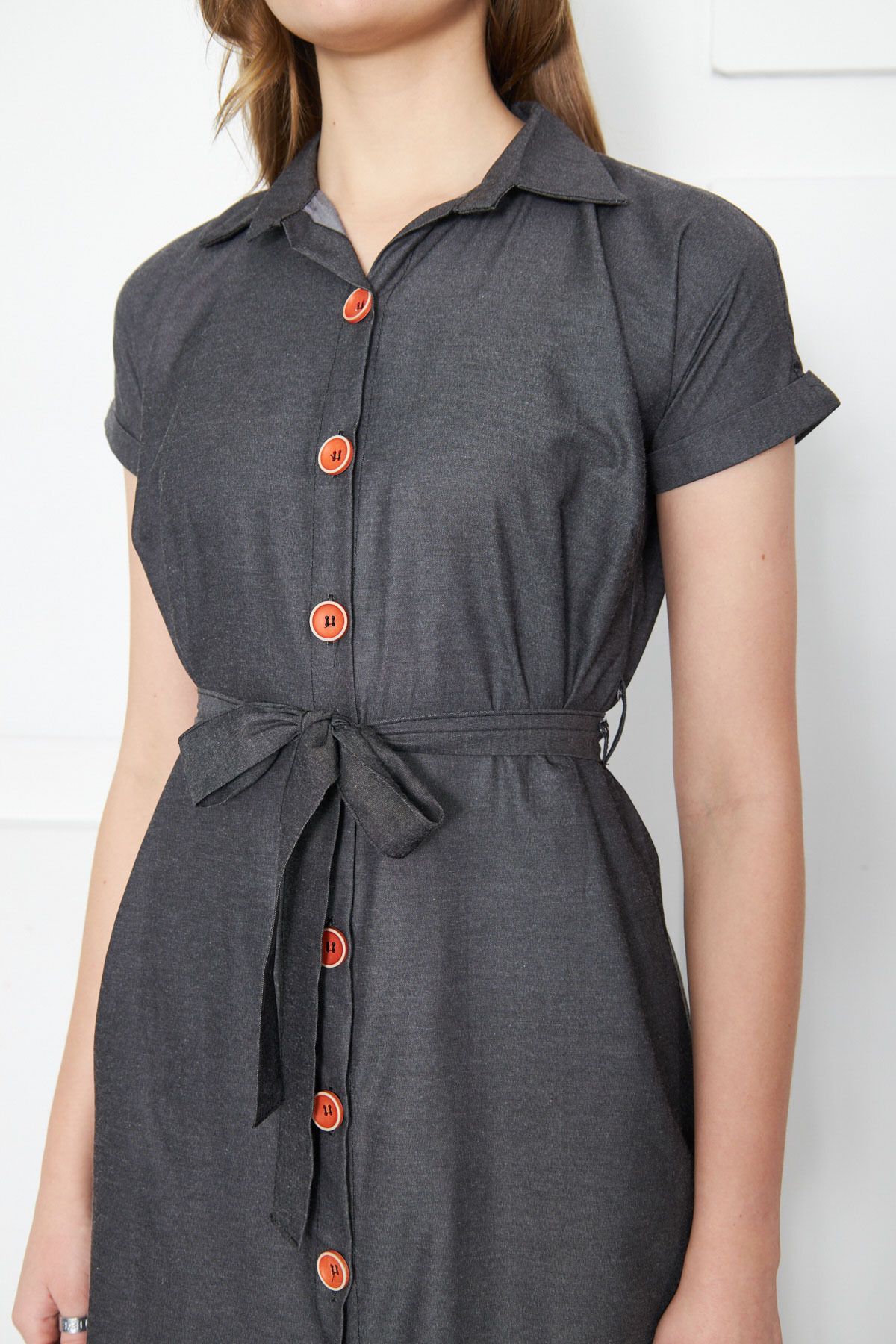 Kadın Antrasit Beli Kemerli Kısa Kol Gömlek Elbise ARM-19Y001068