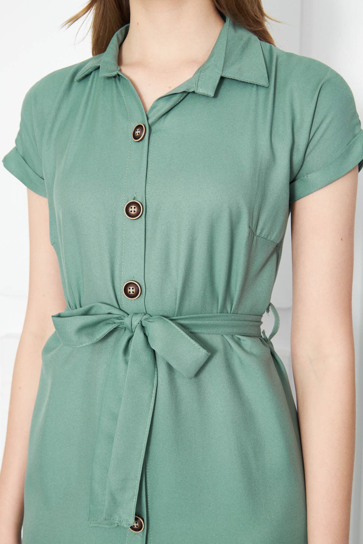 Kadın Yeşil Beli Kemerli Kısa Kol Gömlek Elbise ARM-19Y001068