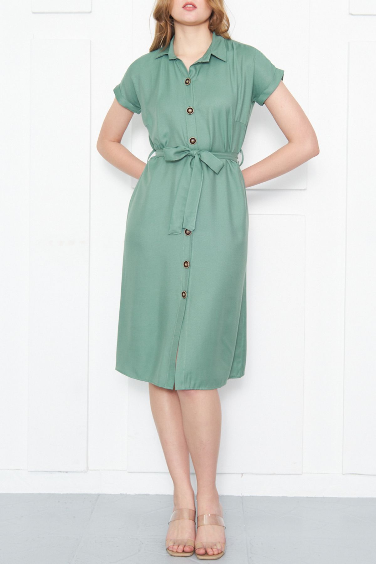 Kadın Yeşil Beli Kemerli Kısa Kol Gömlek Elbise ARM-19Y001068