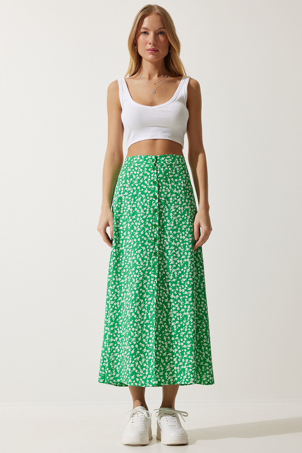 دامن ویسکوز چاکدار طرح سبز زنانه UB00246