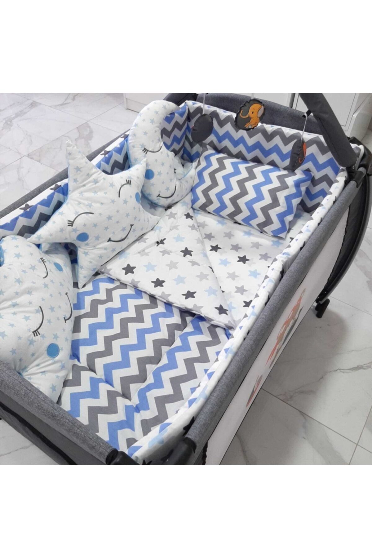 uykucubebe Mavi Zikzak Kombin Park Besik Uyku Seti  70x120  10 Parca