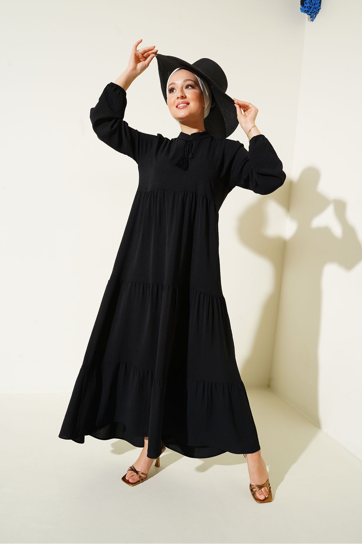 1627 Yaka Bağcıklı Tesettür Elbise Ramazan Koleksiyonu - Siyah