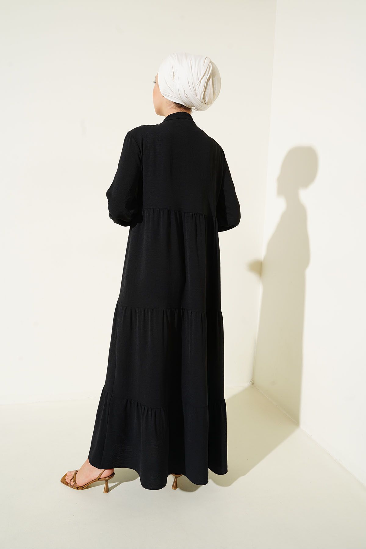 1627 Yaka Bağcıklı Tesettür Elbise Ramazan Koleksiyonu - Siyah