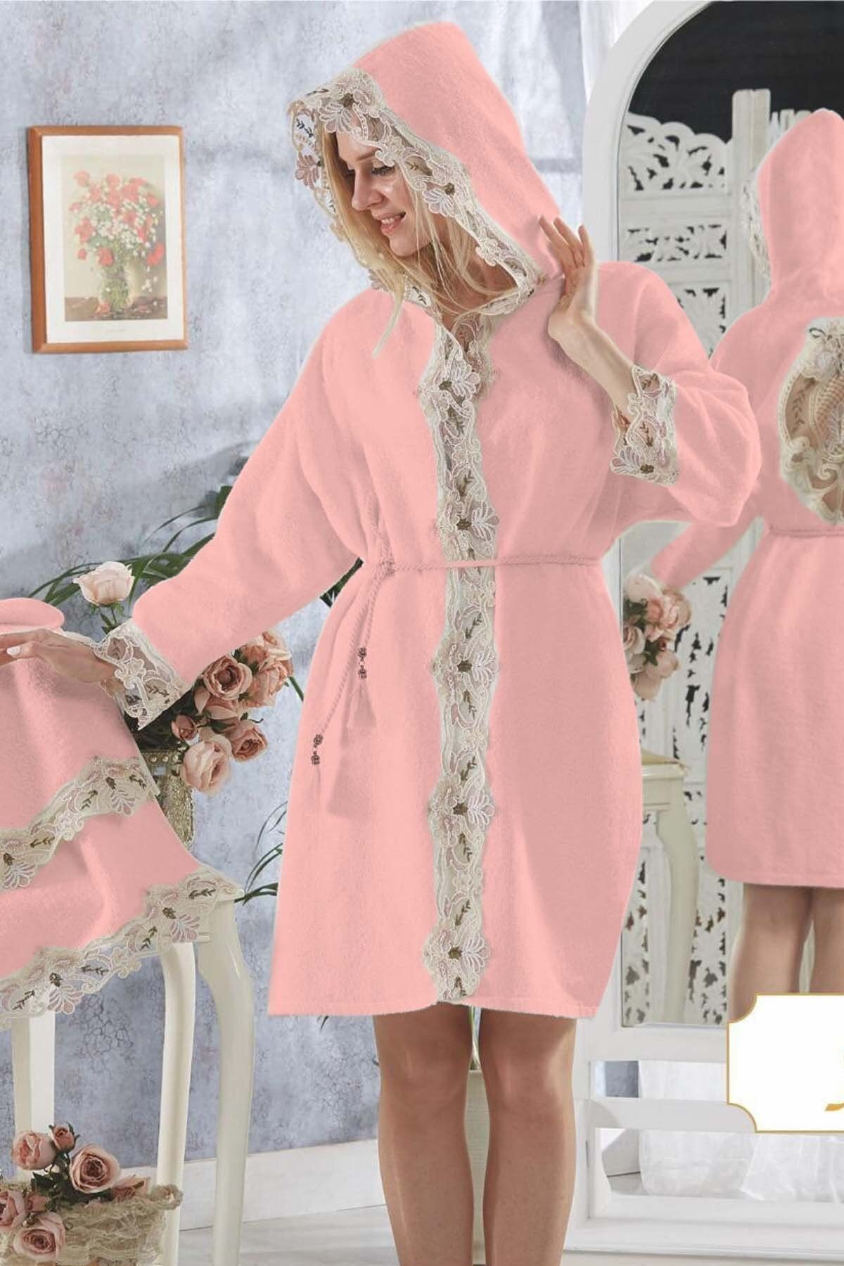 Bonny Home Kadın  Pudra Juliet Fransız Dantelli Çeyizlik Bornozu Seti