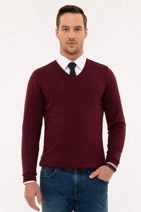 Pierre Cardin Erkek Bordo Slim Fit V Yaka Basic Triko Kazak