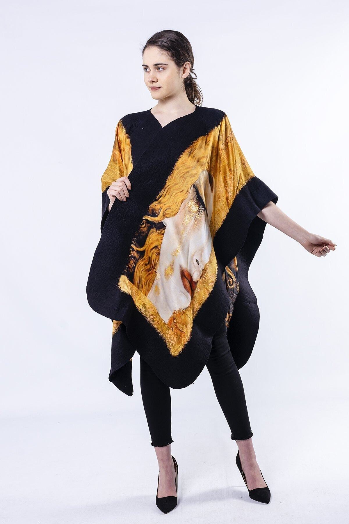 Nomads Felt Gustav Klimt Freya's Tears Kadın Siyah İpek Keçe Panço