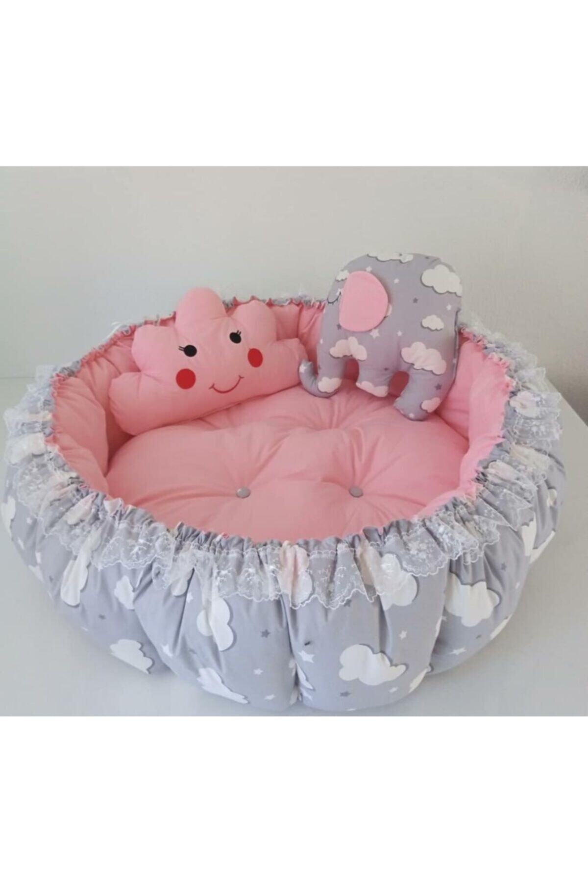 HappyBabyNest Gri Pembe Desenli Oyun Minderi