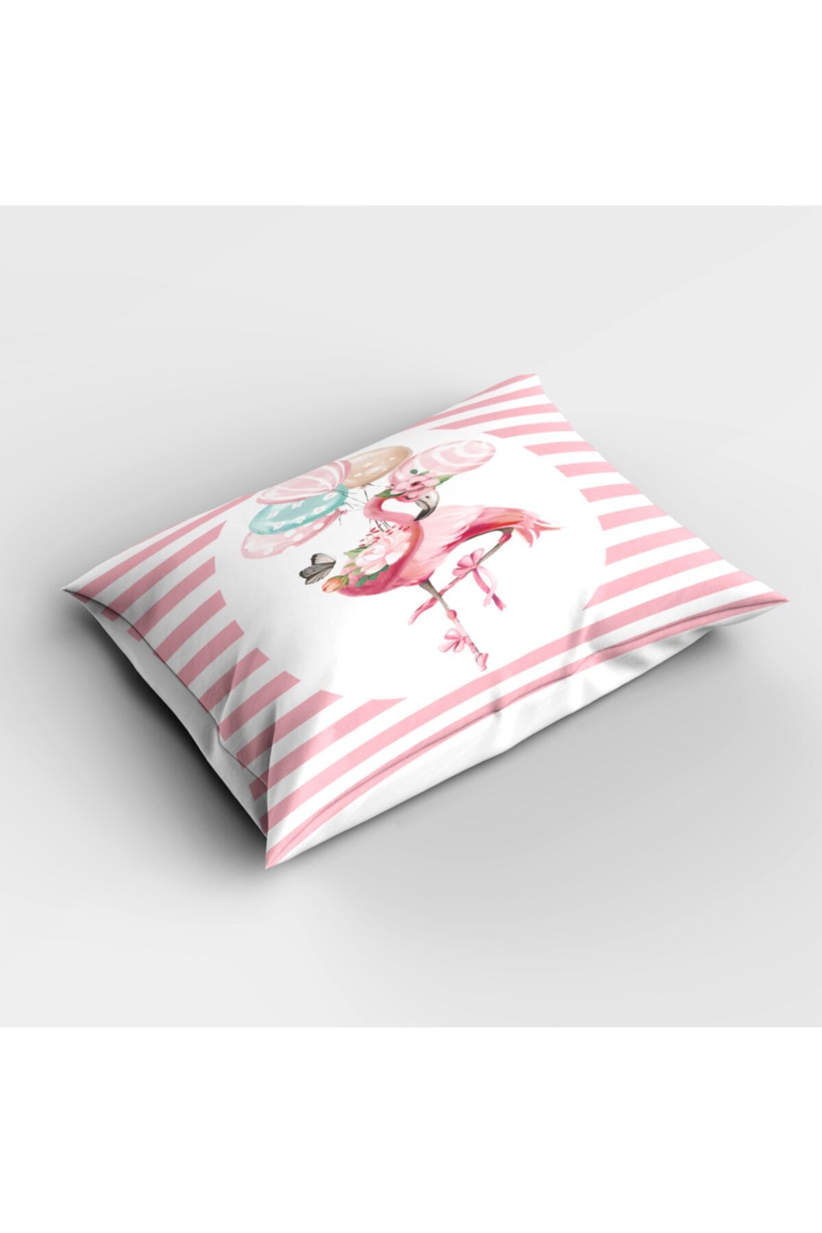 Else Halı Else Pembe Beyaz Çizgili Filamingo Balonlu 3d Desenli Yatak Odası Yastık Kılıfı 50x70cm