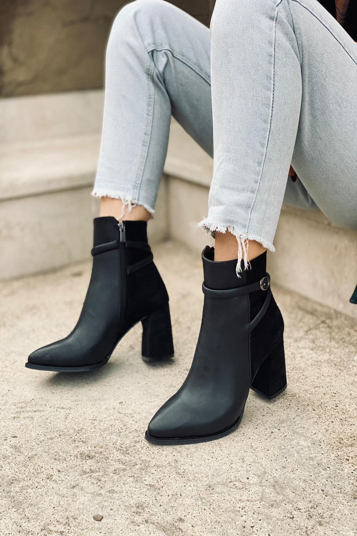 Mida Shoes Siyah Cilt Tokalı Bot
