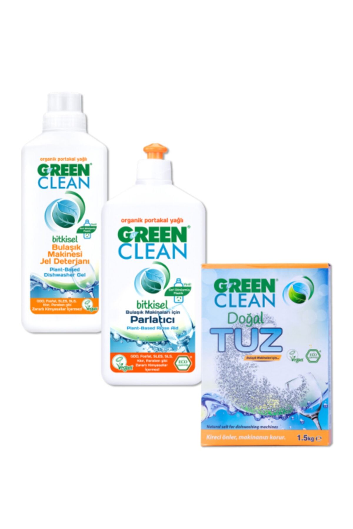 U Green Clean Bulaşık Mak. Jel Deterjan Portakal 1000 ml + Parlatıcı 500 ml + Tuz 1,5 kg