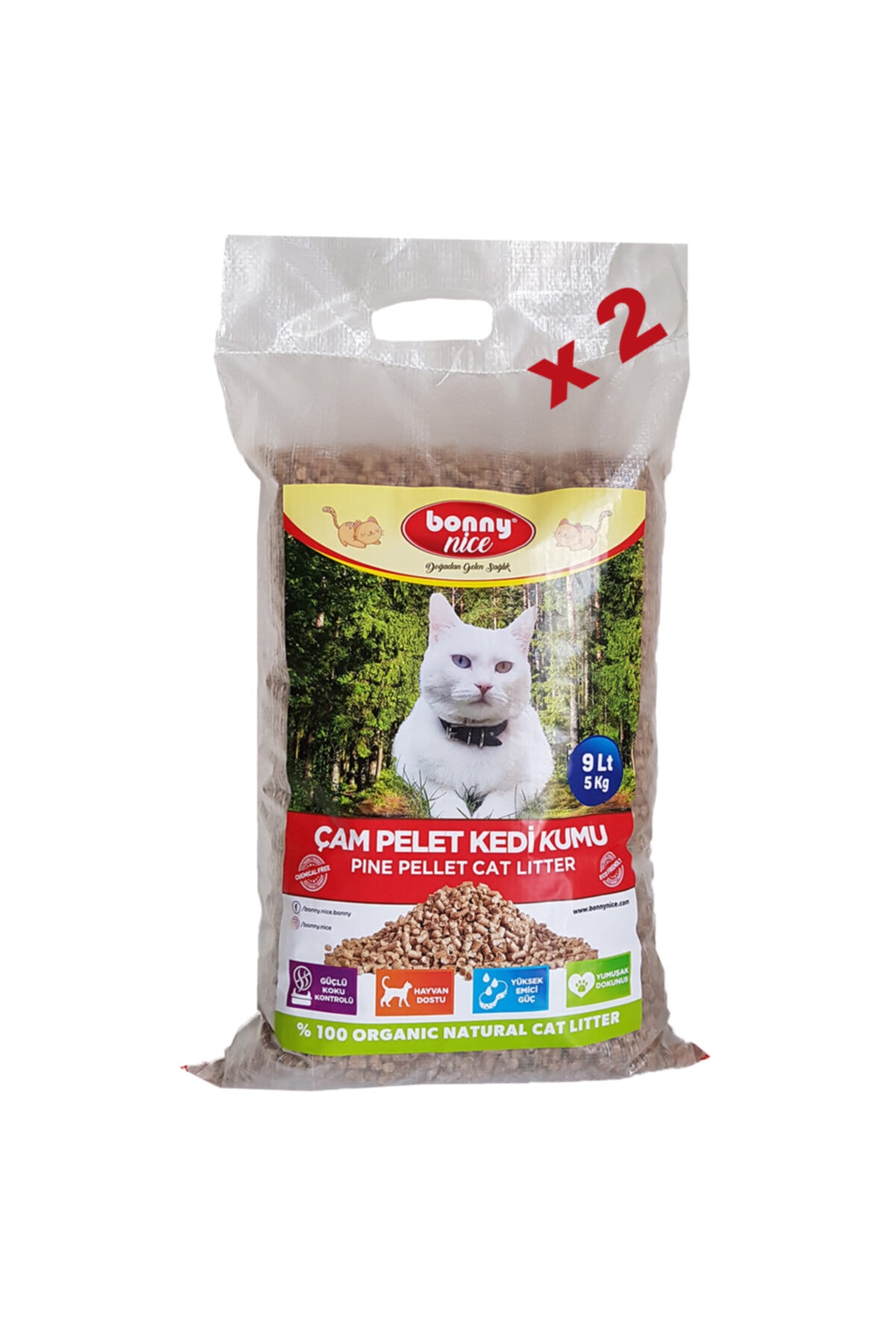 Bonny Nice Organik Kedi Kumu Çam Pellet 5 Kg 9 L X 2 Paket