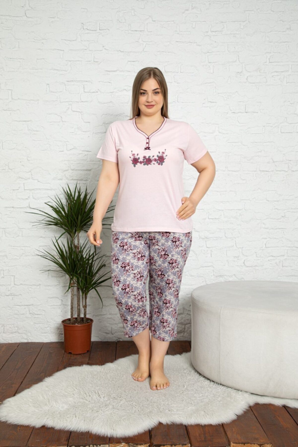 MİRELLA Kadın Pembe Büyük Beden Kısa Kollu Pamuklu Pijama Takımı