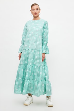 Trendyol Modest Mint &Ccedil;i&ccedil;ek Detaylı Poplin Astarlı Uzun Elbise TCTSS21EL3441