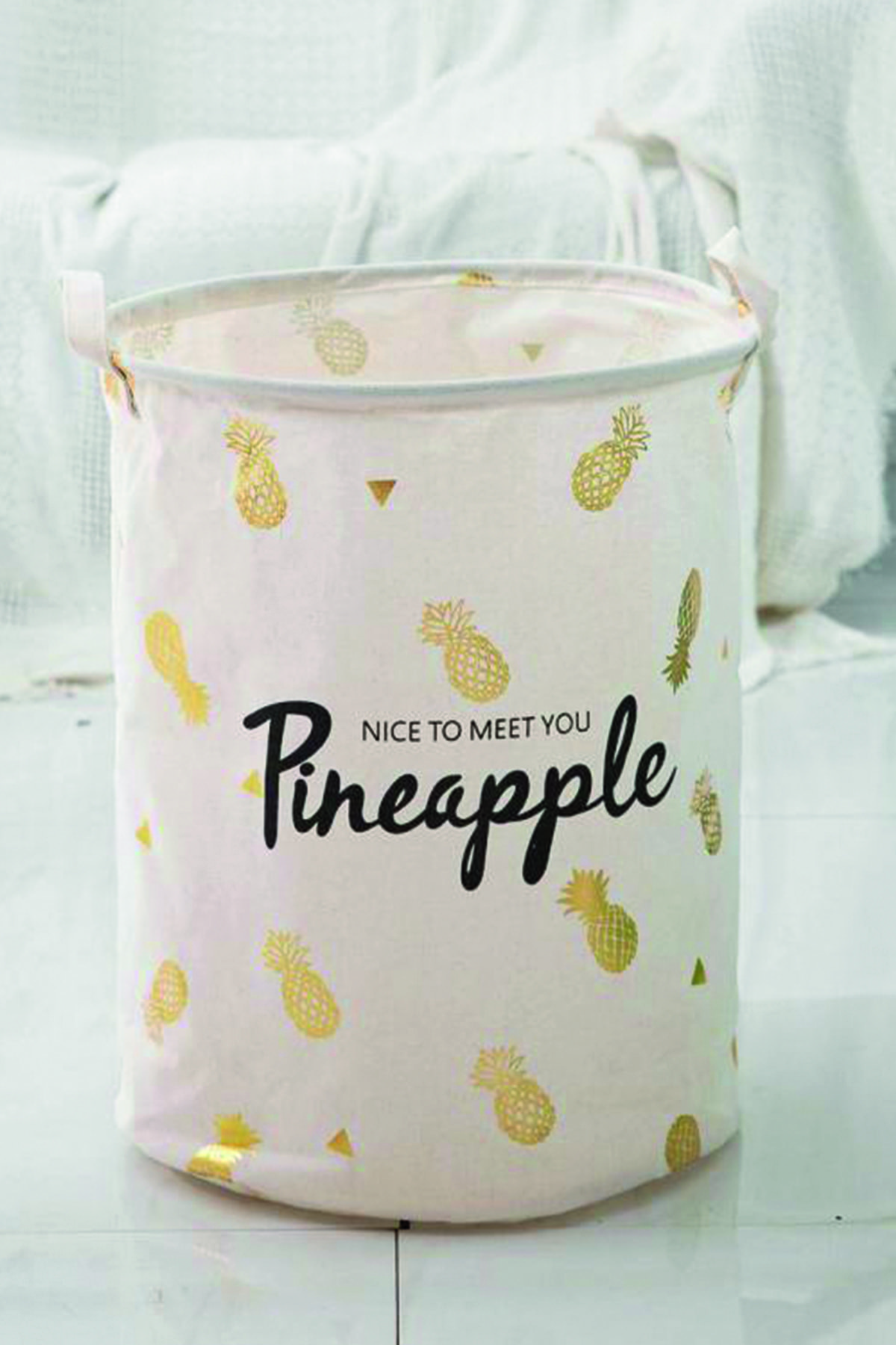 YOYOSO Katlanır Çamaşır Sepeti Düzenleyici Organizör Ananas Desenli Beyaz 45 Cm X 35 Cm