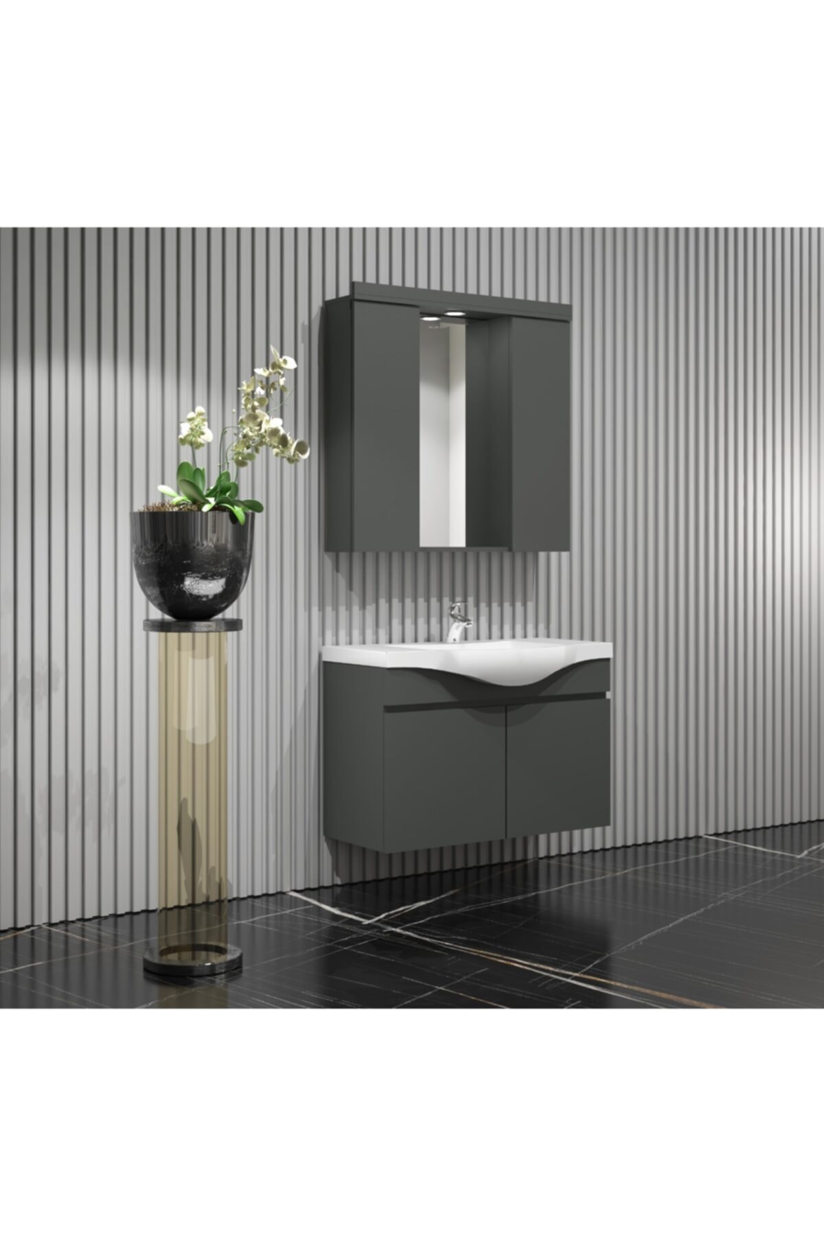 ÖZCEDEN Yıldız Banyo Dolabı 80 Cm Komple Antrasit Gri Mat