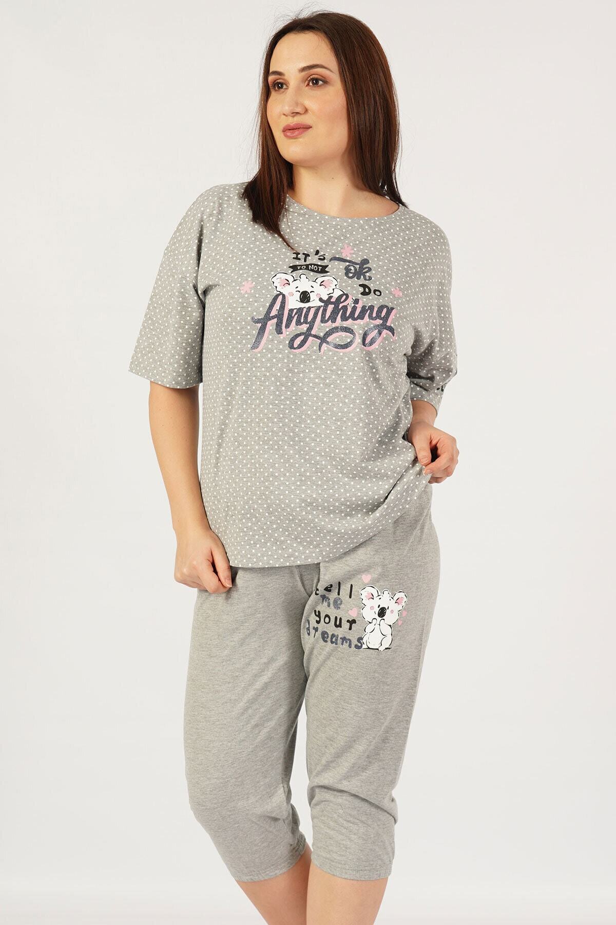 VİENETTA Büyük Beden Düşük Omuzlu Kısa Kol Buzgulu Kaprili Pijama Takım