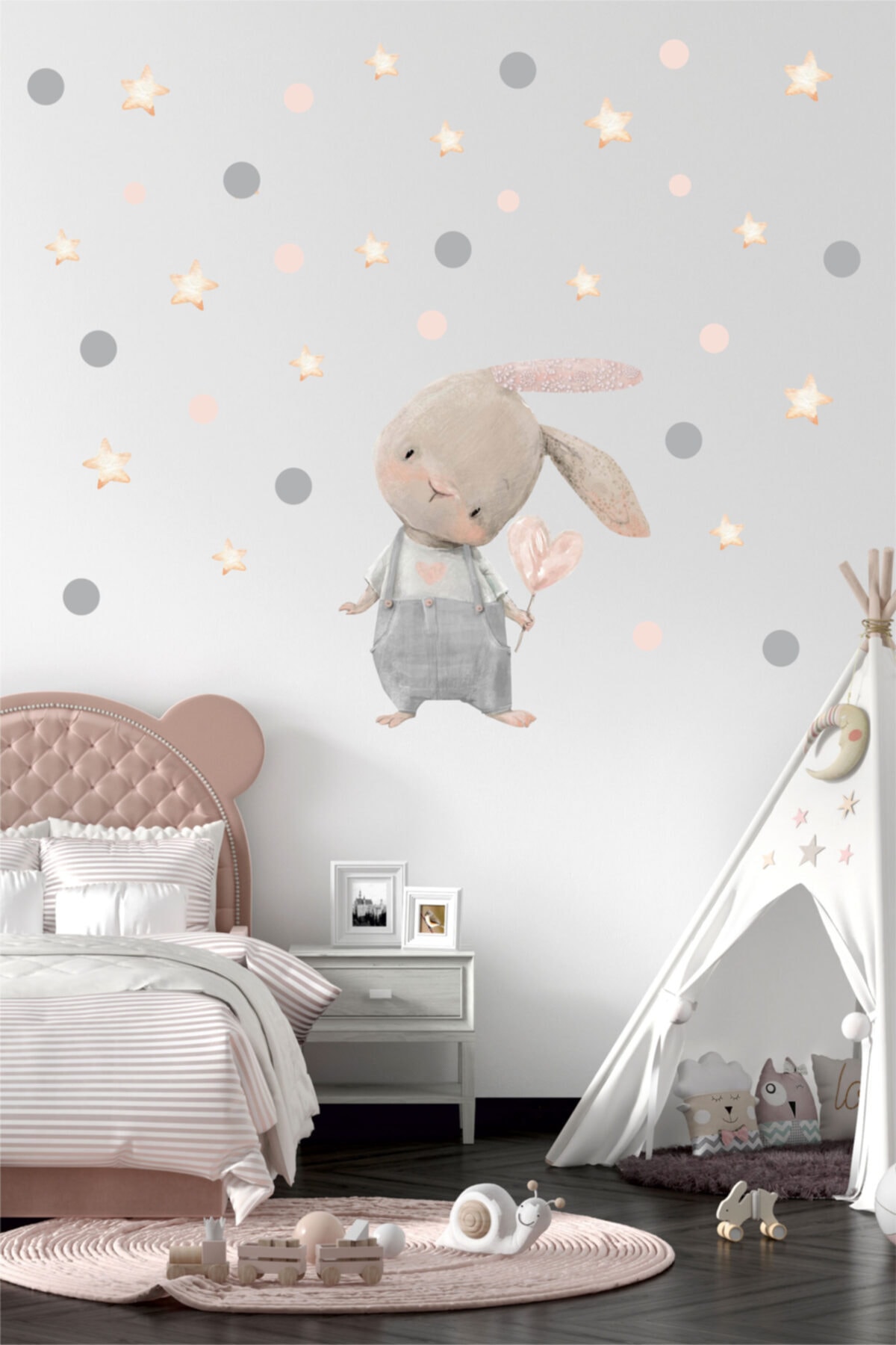BK Decor Sevimli Tavşan Yıldız Ve Puantiyeler Çocuk Odası Duvar Sticker