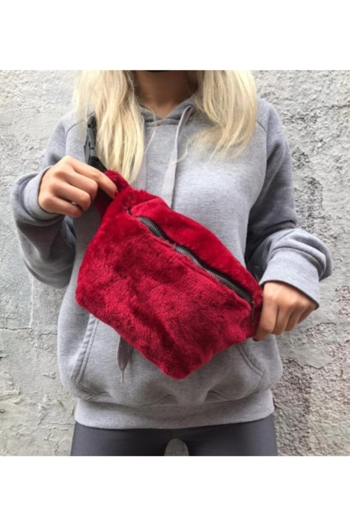 Trend İstanbul Kozmetik Bordo Renk Peluş Bel Çantası