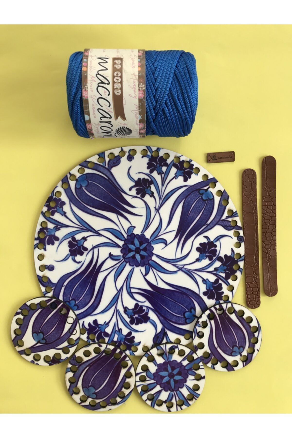 Maccaroni Örgü Ahşap Tepsi Tabanı Bardak Altı Ve Polyester Macrome İpi-Desen-062
