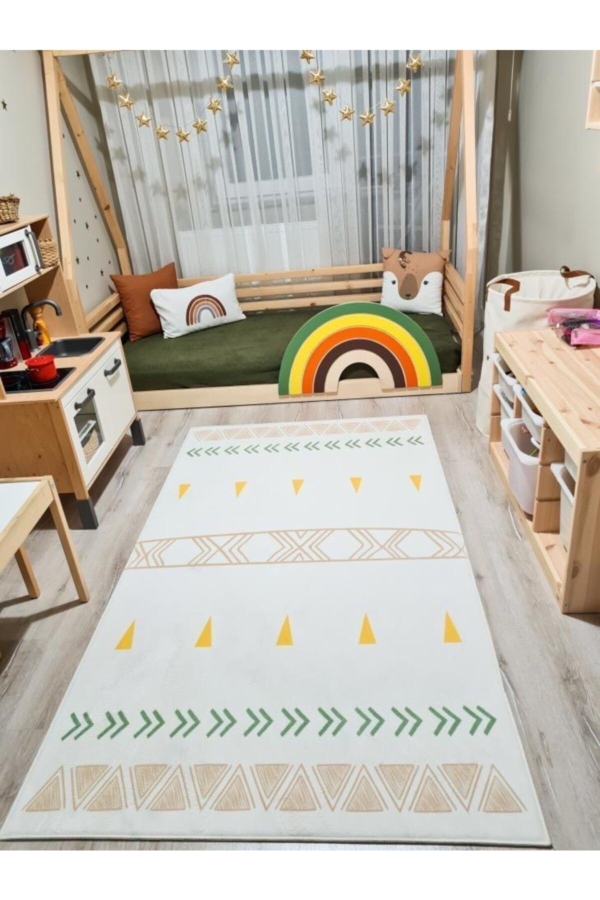 HalıVagonu Yeşil Sarı Kahve Iskandinav Desenli Çocuk Halısı