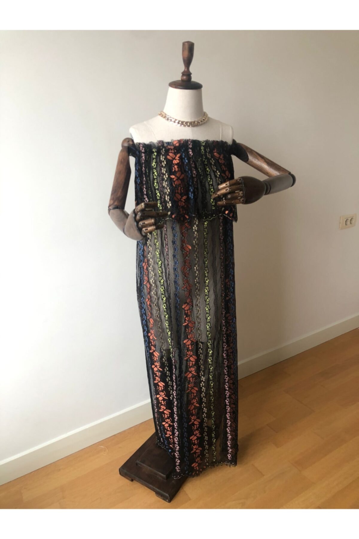 ZUA STYLE Kadın Siyah Straplez Renkli Çizgili Elbise