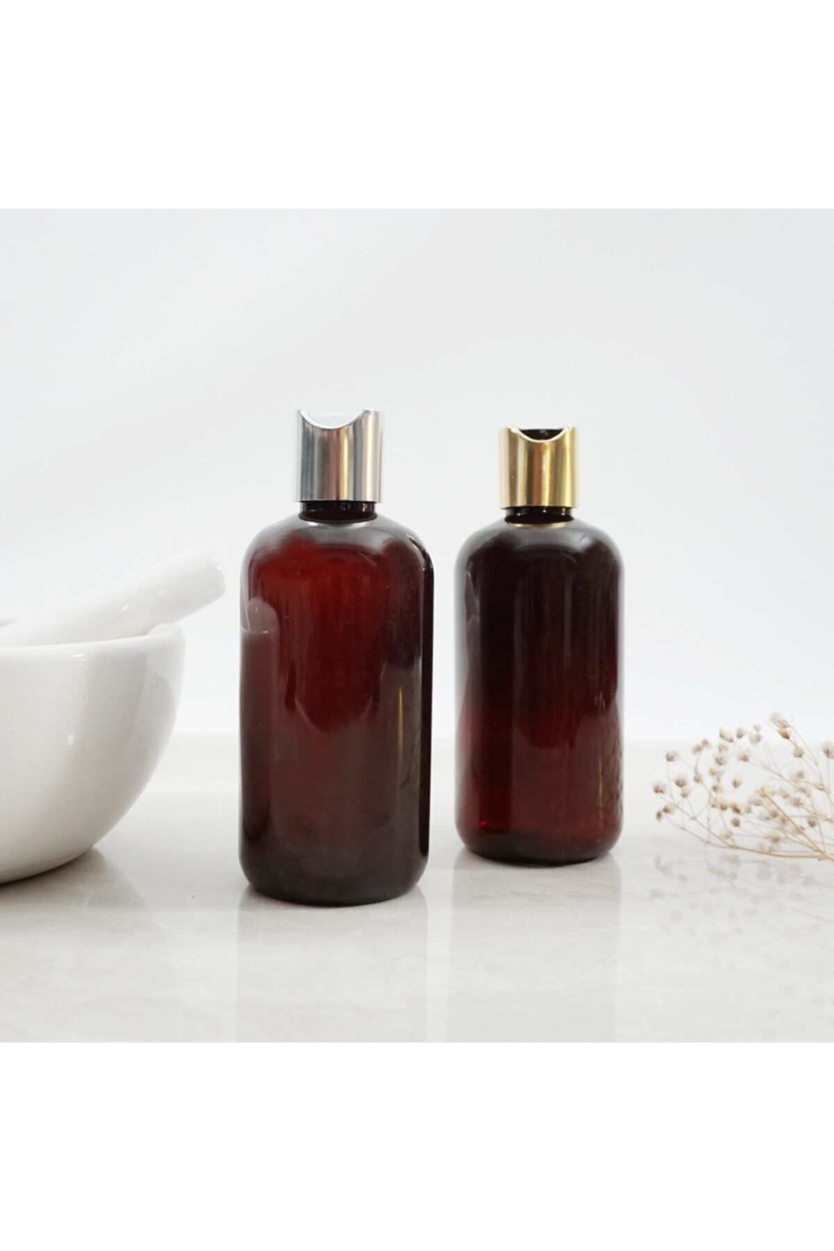 Therapium Naturalis 2'li Amber Cam Görünümlü Plastik Silver Kapaklı Şampuan Şişesi (250 ML)