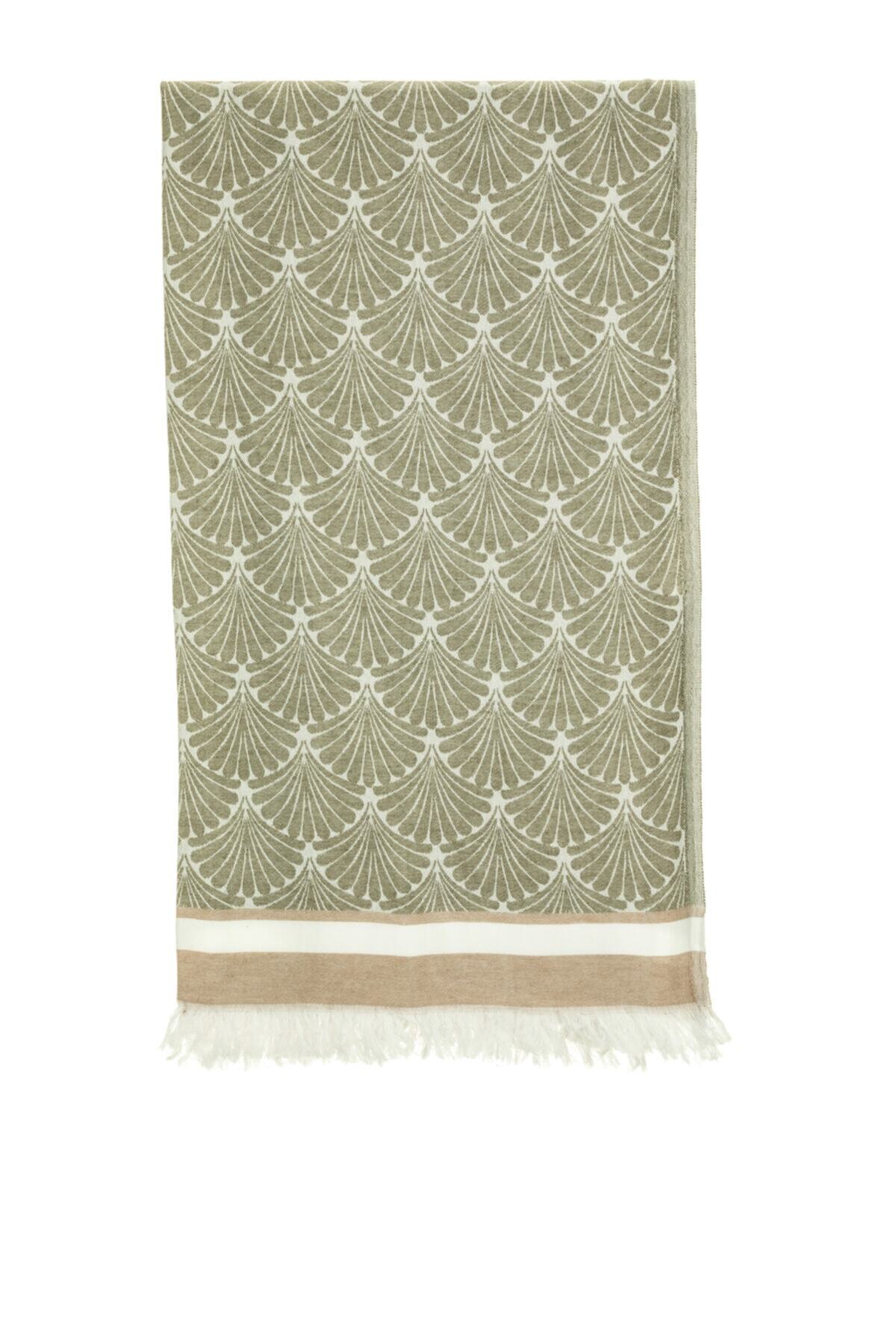 rosa bianca Yeşil Shell Jakarlı Ucu Bej Çizgili Pamuk Peştemal