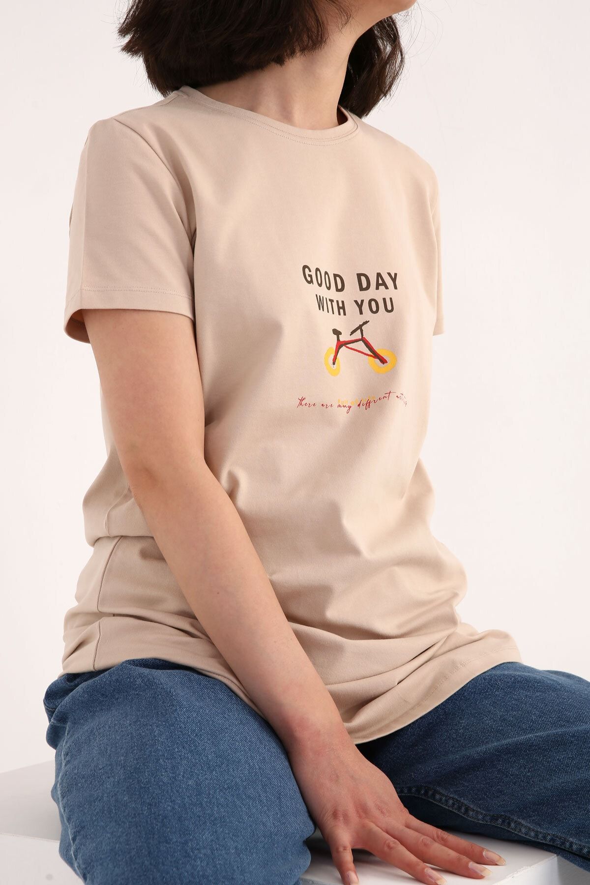ALLDAY Kadın Bej Baskılı Uzun Kollu T-shirt Tunik
