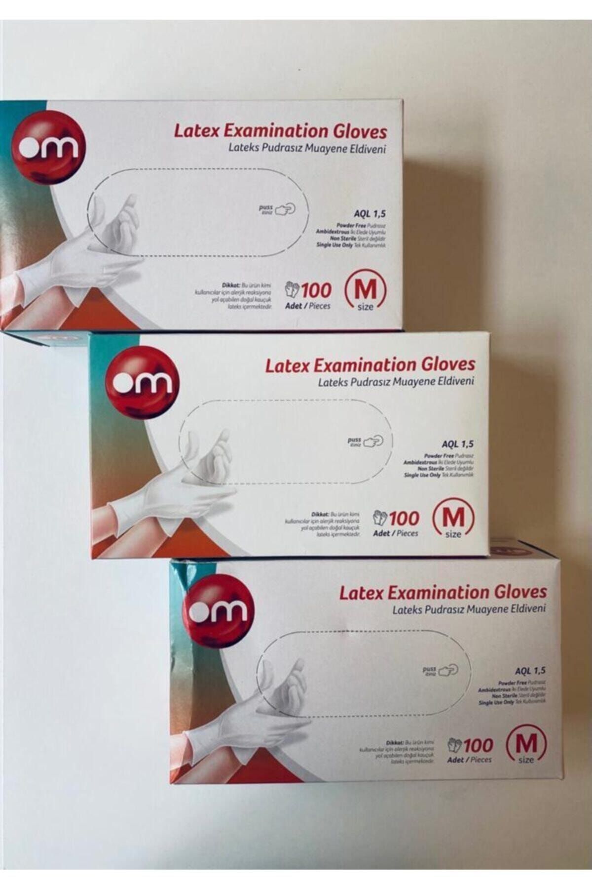 Om Pudrasız Lateks Muayene Eldiveni 3lü Set ( 3 X 100 Adet ) Medium Beden