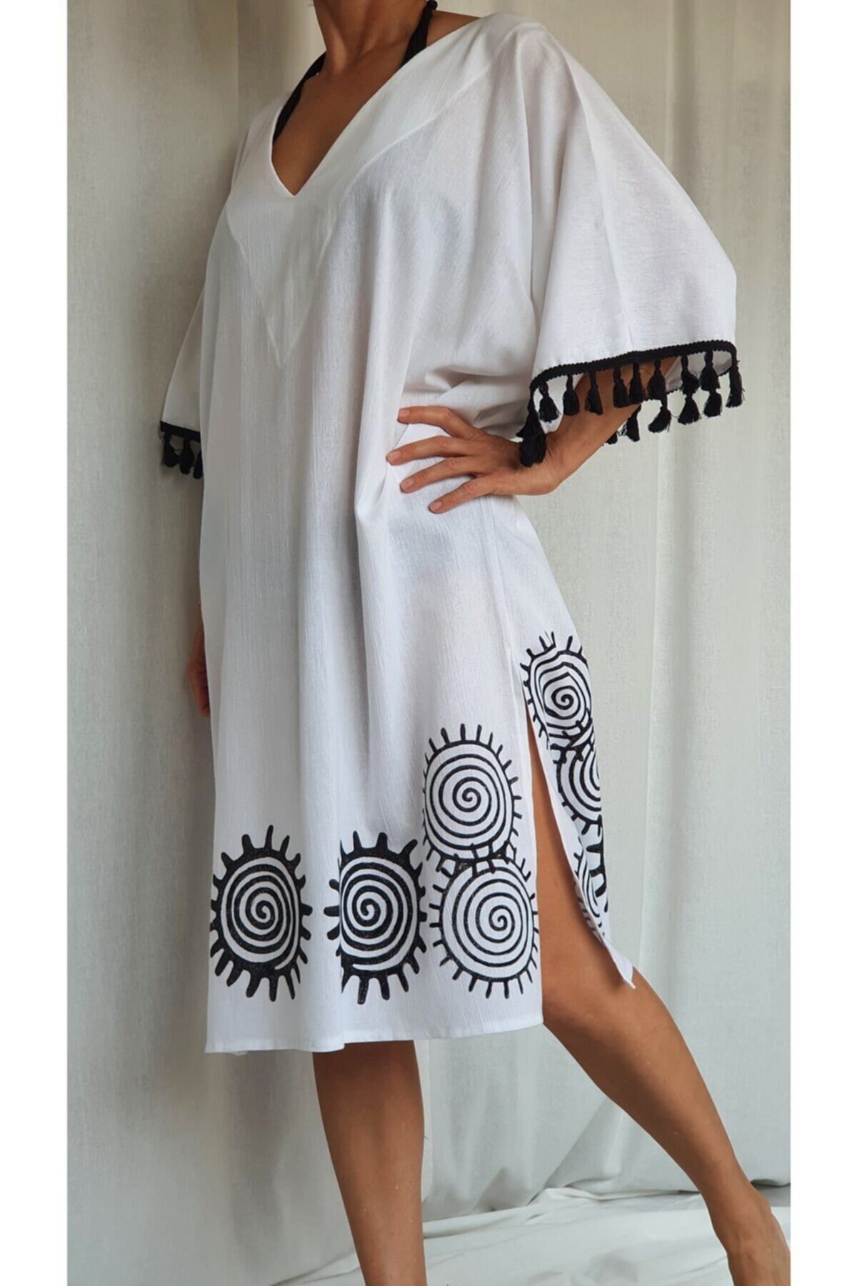 KALF GİYİM Ahşap El Baskılı Püsküllü Pamuklu Kimono