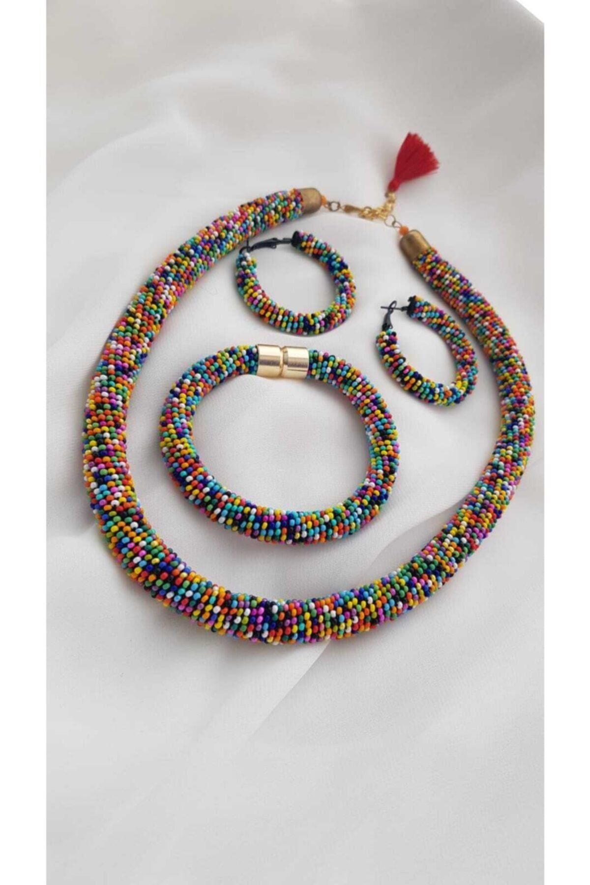 batugebeadwork Hapishane Işi El Yapımı Bonibon Rainbow Desen Bohem Kolye Bileklik Küpe Seti