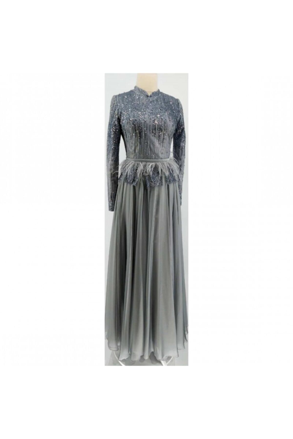 FAHRETTİN MODA Gri Tüylü Simli Tesettür Abiye