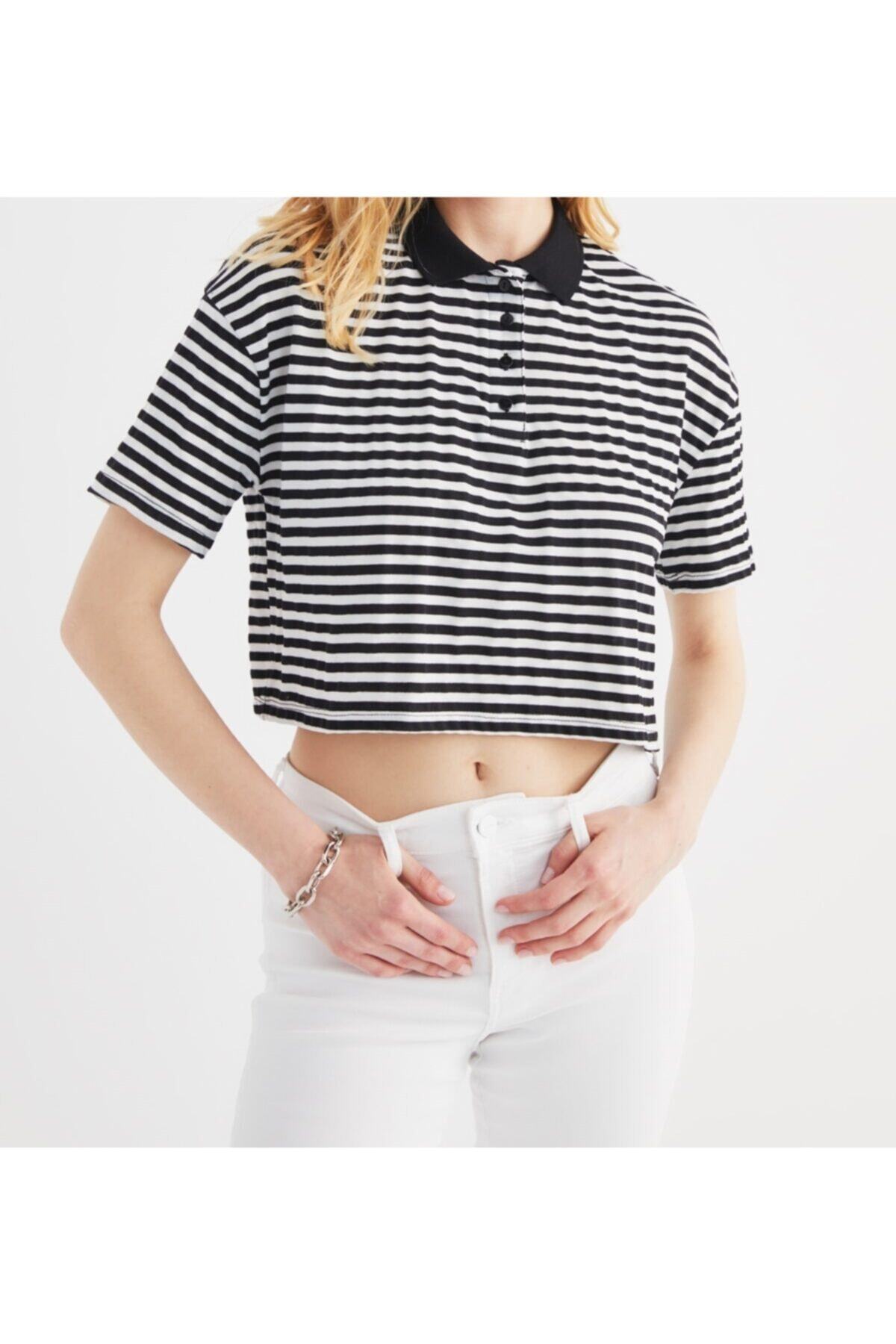 MİLA FASHİON Siyah Çizgili Polo Yaka Crop T-shirt