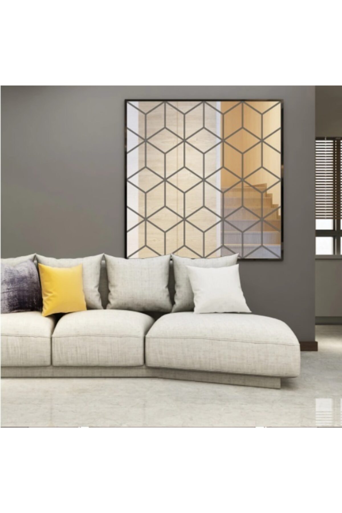 krckıraç (100cmx100cm) Dekoratif Antre Hol Koridor Geometrik Üçgen Desenli 3d Görünümlü Pleksi Gümüş Ayna