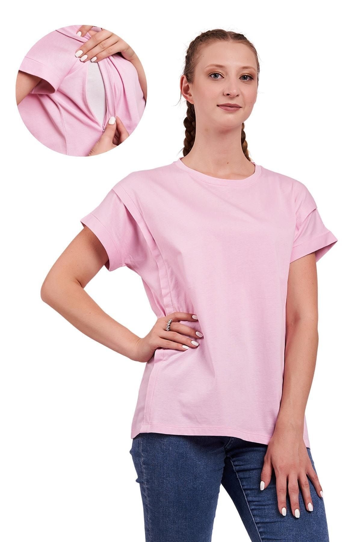 Mamma Lattes Kadın Pembe Oversize Pamuklu Hamile Ve Emzirme T-Shirt